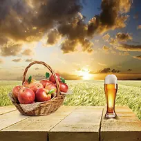 篮子里的苹果与啤酒背景