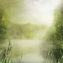 梦幻大雾湖边背景图