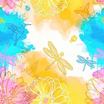 彩色手绘线描花朵昆虫背景