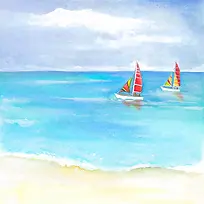 水彩手绘卡通帆船航海海报背景素材