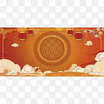 新年春节元宵节红色灯笼云纹banner展板