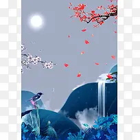 中国风梅花花瓣下的瀑布背景素材