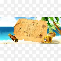 卡通地图宝藏椰树墙体彩绘背景
