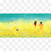油菜花开彩色手绘banner
