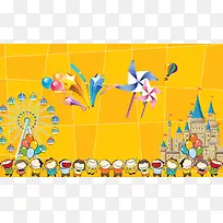 黄色卡通童趣六一儿童节主题海报背景素材