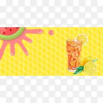 夏日酷饮西瓜橙汁卡通黄色背景