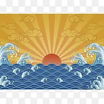 中国风边框底纹太阳海浪