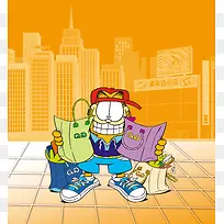 卡通加菲猫购物橙色背景素材