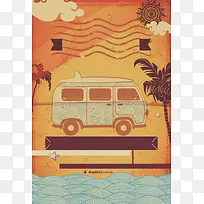 黄色复古插画汽车旅行海报背景