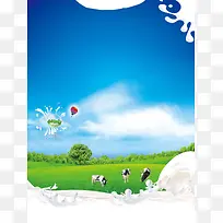 蓝天白云风景草地牧场奶牛牛奶背景素材