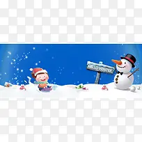 立冬堆雪人剪影蓝色卡通banner