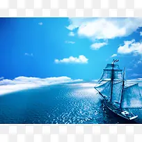 蓝天海水帆船海报背景模板