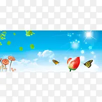 蓝色天空蝴蝶野花淘宝网站背景图