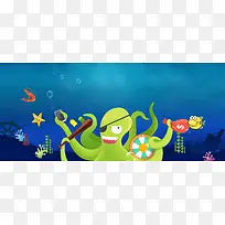 儿童节章鱼海底世界蓝色背景