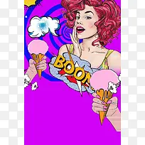 波普风红发女郎冰淇淋紫色创意卡通背景