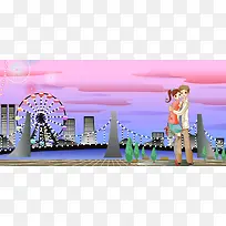 甜蜜情人节手绘彩色banner背景