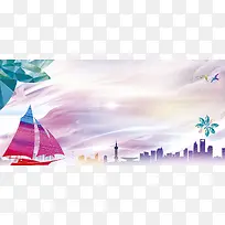 帆船都市飞鸟色彩渐变设计海报banner