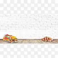 白砖墙休闲食品零食店海报背景素材