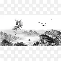 中国风水墨龙游走在山水间背景素材