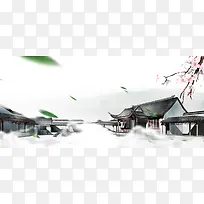 中国风建筑桃花绿叶文艺黑白背景