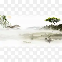 中国风水墨山水壁画海报背景素材