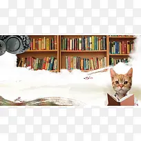 可爱猫咪创意阅读文化墙海报背景素材