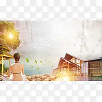美丽温泉度假村旅游海报背景素材