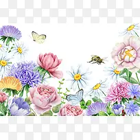 花朵蜜蜂彩绘背景素材