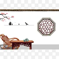 中国风古典窗户桌子茶壶茶杯白色背景素材