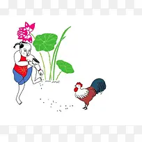 公鸡吃莲简约卡通图片
