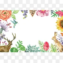 手绘水彩小动物花卉卡片背景
