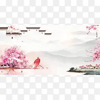 中国风水墨画江南旅游海报背景素材