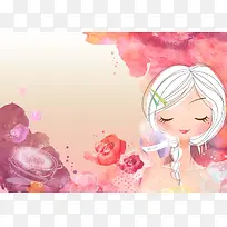 手绘唯美插画美女海报背景模板