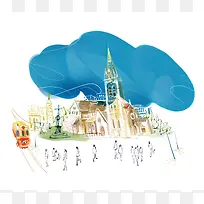 世界名城 水彩画海报背景素材