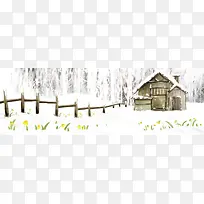 手绘雪景小木屋背景
