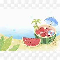手绘夏日海滩鲜榨果汁平面广告