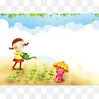 植树节卡通浇水公益环保海报背景素材