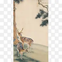 中国风工笔画树下梅花鹿H5背景素材
