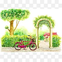 红色自行车依靠在开满鲜花的欧式庭院外