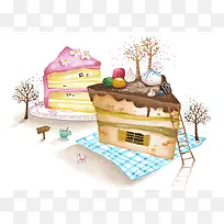 蛋糕上的树木和梯子背景素材