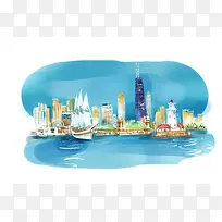 海滨城市  水彩画背景素材