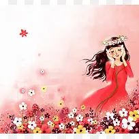手绘听音乐小女孩海报背景