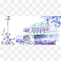紫色咖啡店手绘插画