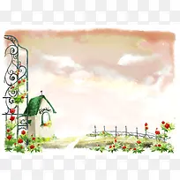 花园小屋栅栏插画背景