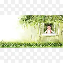 卡通手绘音乐女孩背景素材