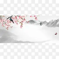 桃花节大山燕子中国风水墨灰色banner