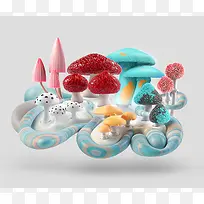3D立体童趣蘑菇背景模板