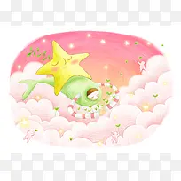 卡通海星坐在鲸鱼睡床上睡觉和
