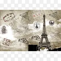 卡通邮票埃菲尔铁塔宣传背景素材