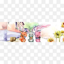 卡通手绘动物小镇简约大气banner